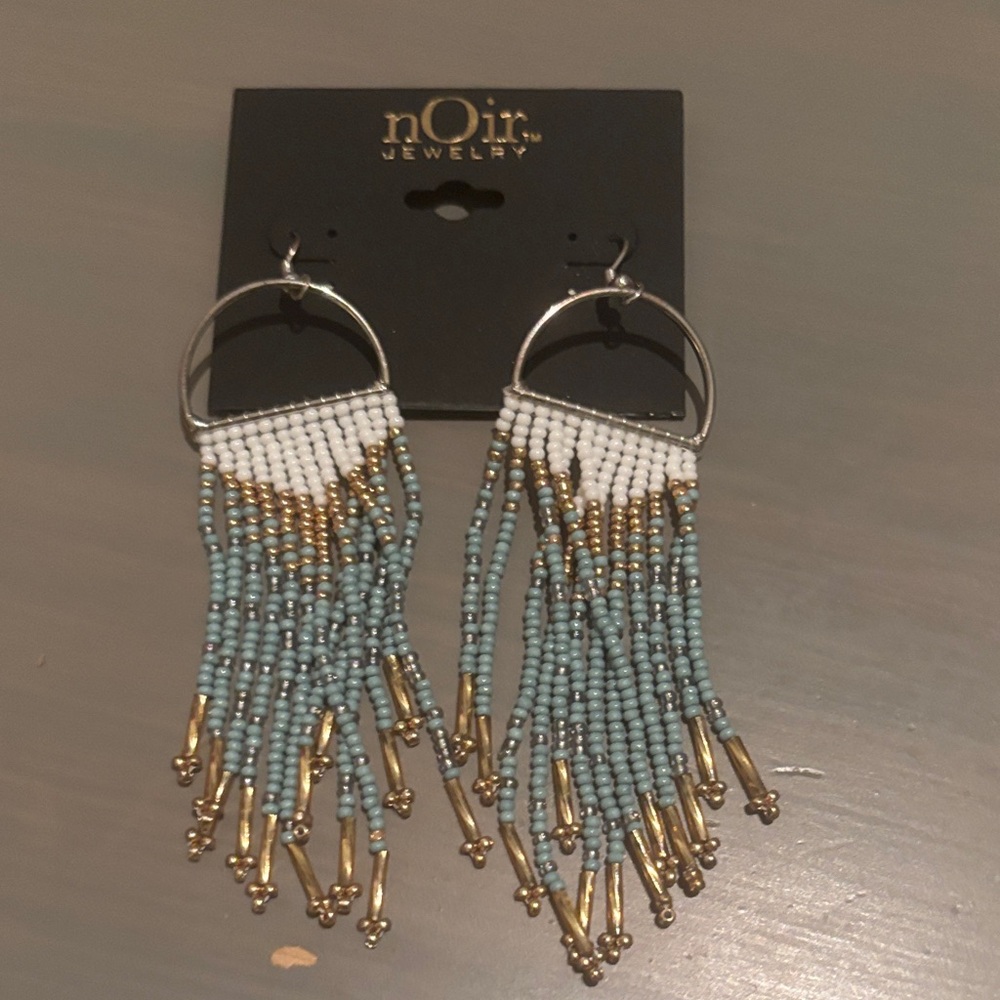 nOir Jewelry Beaded BoHo Dangle Earrings - White, Gold, and Blue